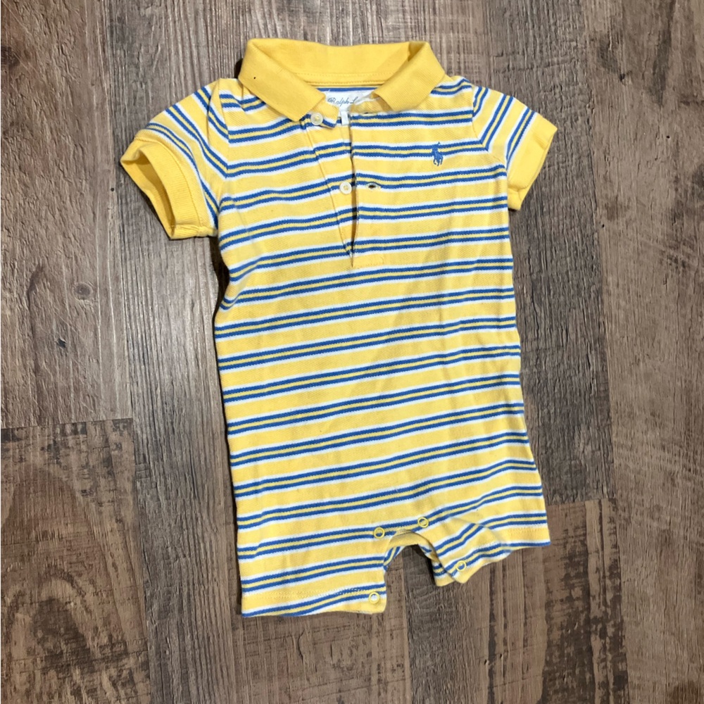 Vintage Ralph Lauren Preppy Yellow and Blue Striped Polo Onesie 6 months